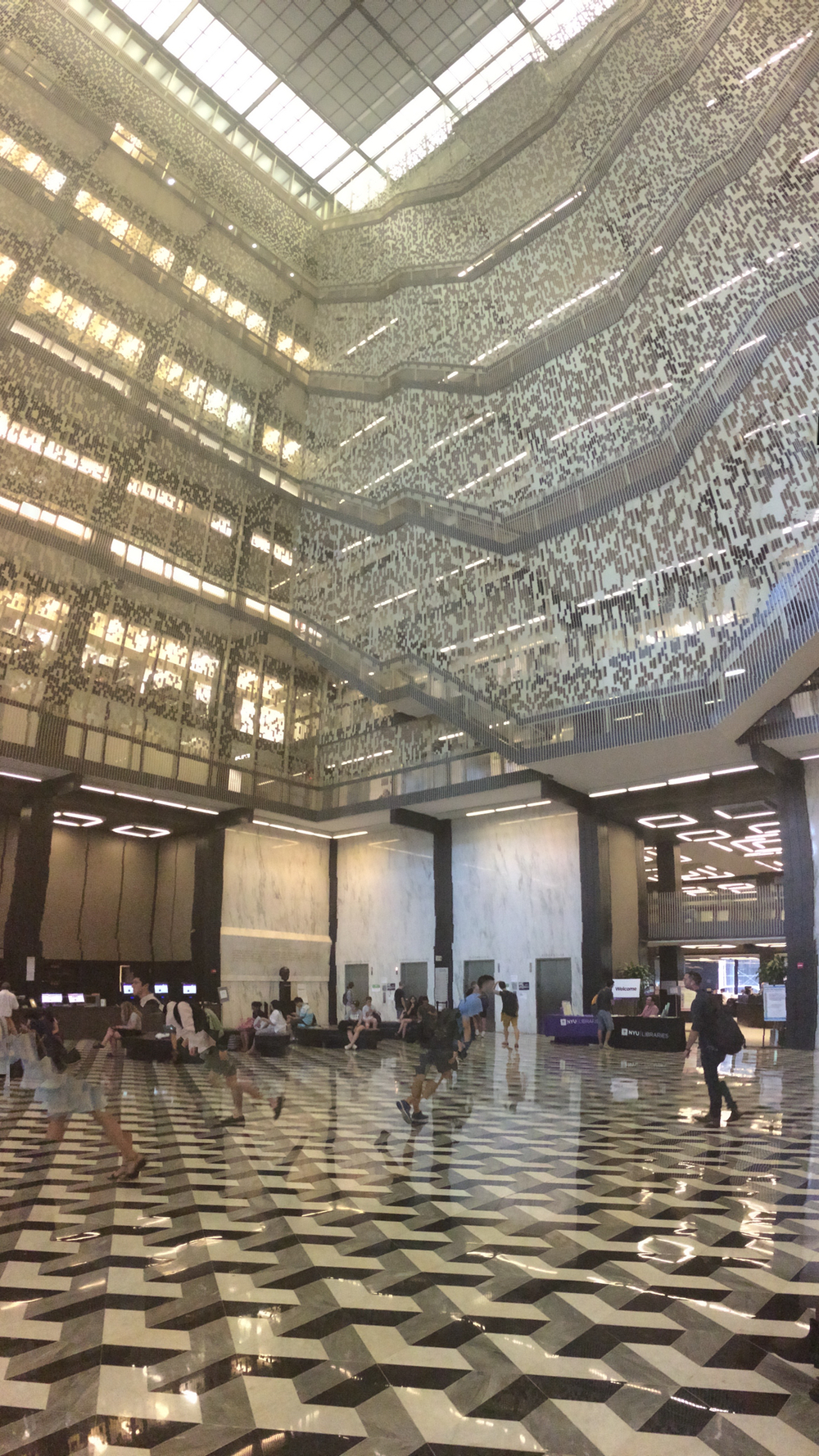 A panorama of the lobby of Bobst Library.