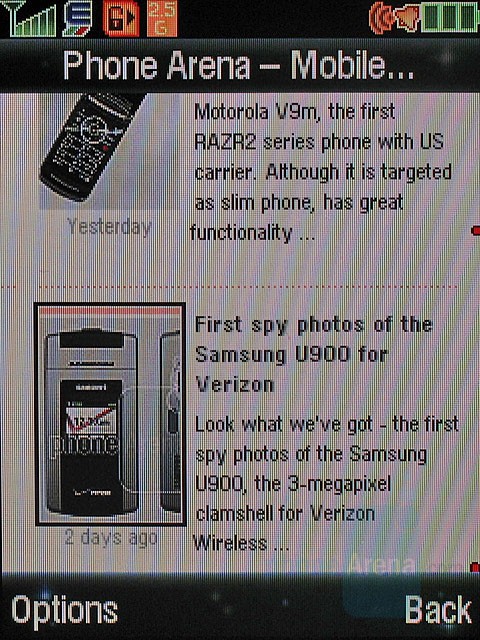 A screenshot of the Motorola KRZR's internet browser, on a newer model of KRZR.